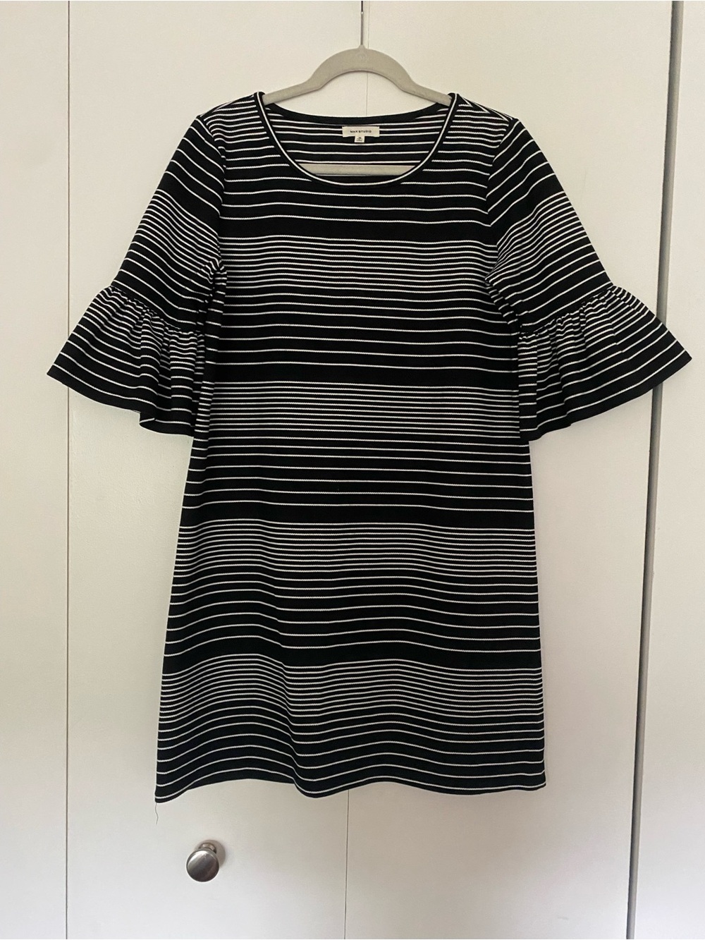 Max Studio Black & White Striped Ruffle Short-Sleeve Dress, medium